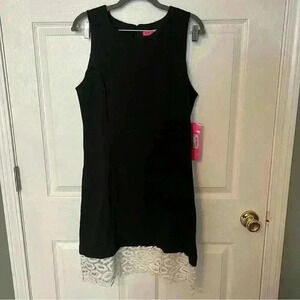 Betsey Johnson NWT Black Midi Sheath Dress with Lip White Lace Trim Size 12